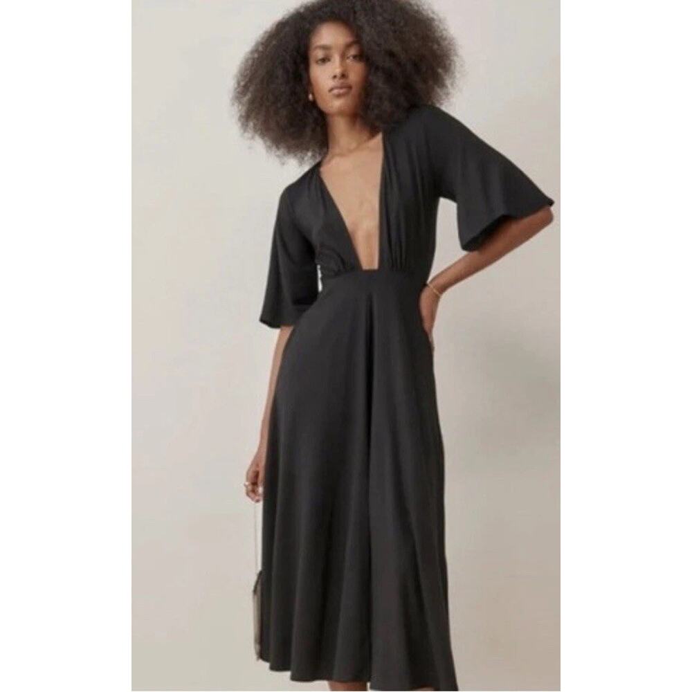 Reformation Black Ernest Maxi Dress Flutter Sleeve Deep V Neck Sz XS Knit
